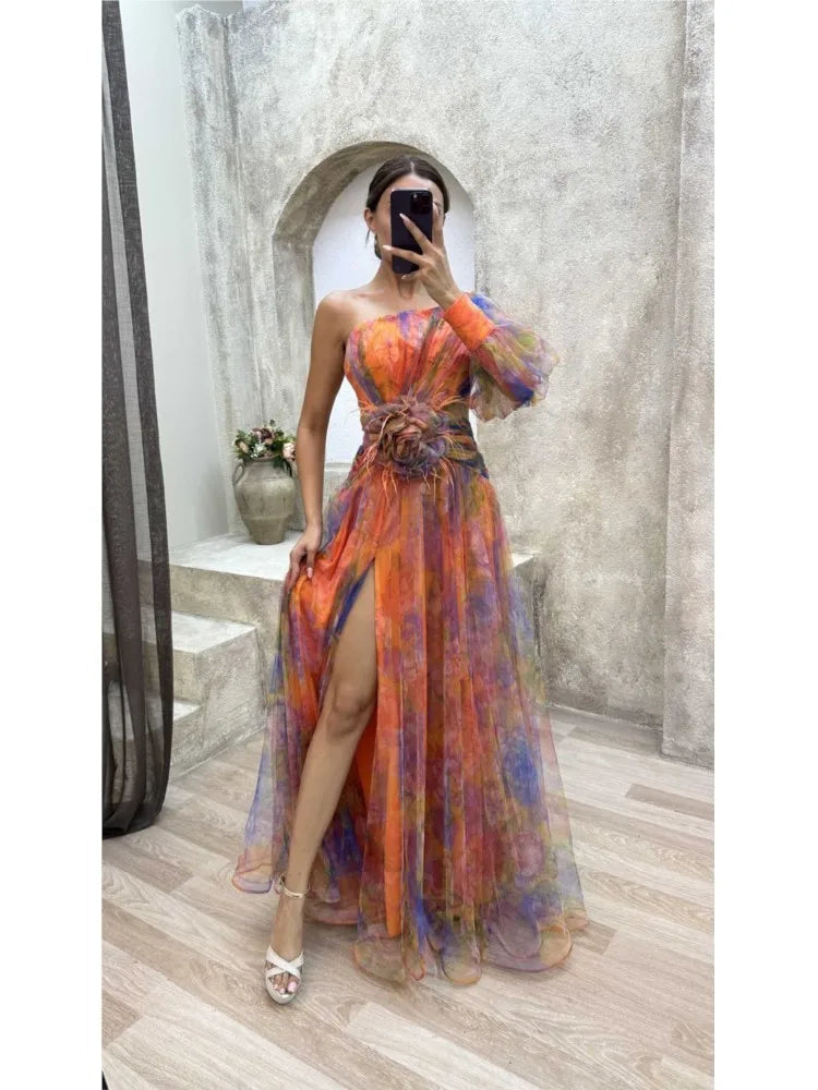 extra long maxi dress Shannon | Women's One Shoulder Color:Dark Blush Mesh Royal Blue Tulle Prom DY3-2C Tiered ruffle detail Open