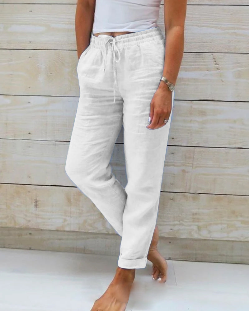 Aria | Women's Cotton-Linen Pants with Elastic Waistband-Metro Lane Plaza