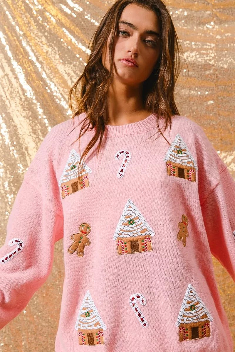 Camisola de gola redonda de inverno com tema natalício para senhora