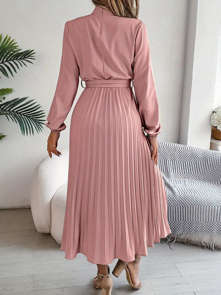 Sophia | Women's Long-Sleeve Pleated Midi Dress with Belted Waist-Metro Lane Plaza