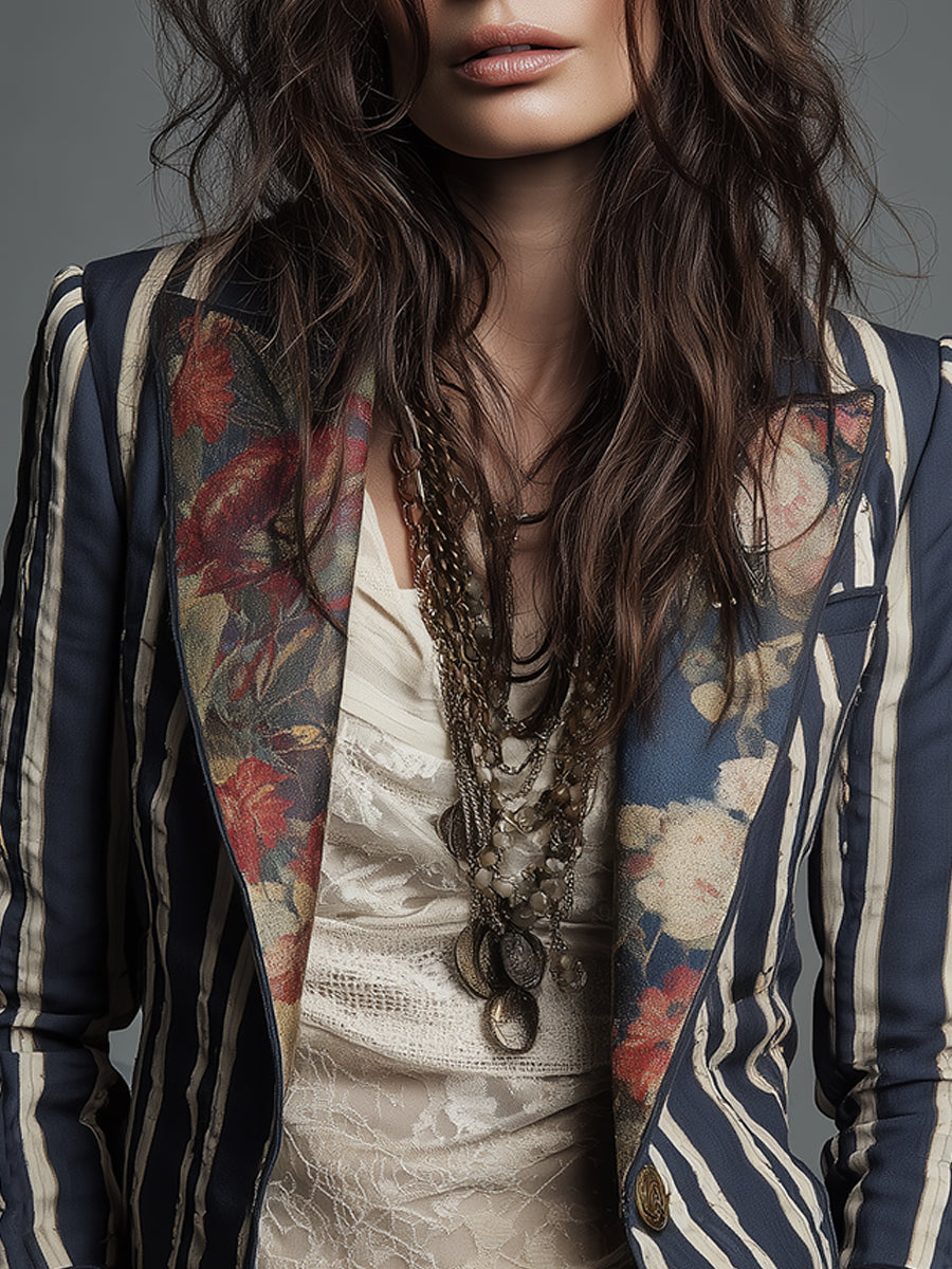 Women's Classic Retro Bohemian Striped Blazer