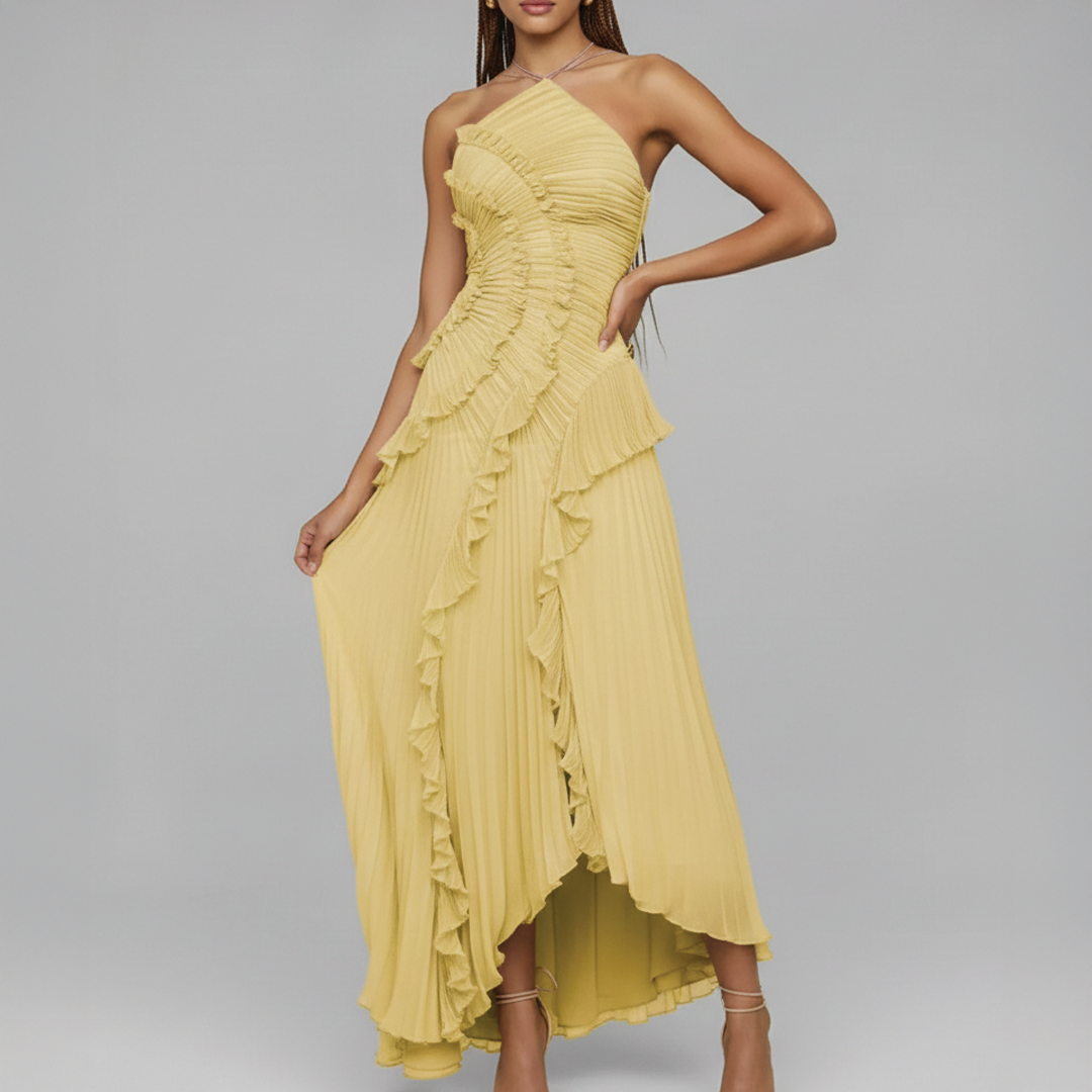 Avery | Women's Asymmetric Pleated Dress-Metro Lane Plaza