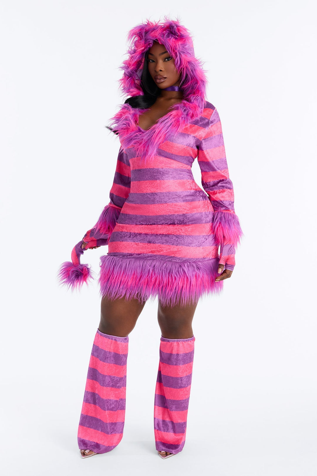 Costume de petit chat rose douillet pour femmes avec capuche, gants et jambières