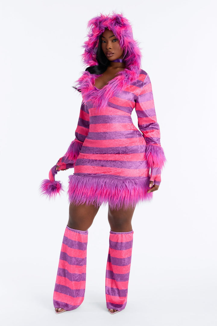 Costume de petit chat rose douillet pour femmes avec capuche, gants et jambières