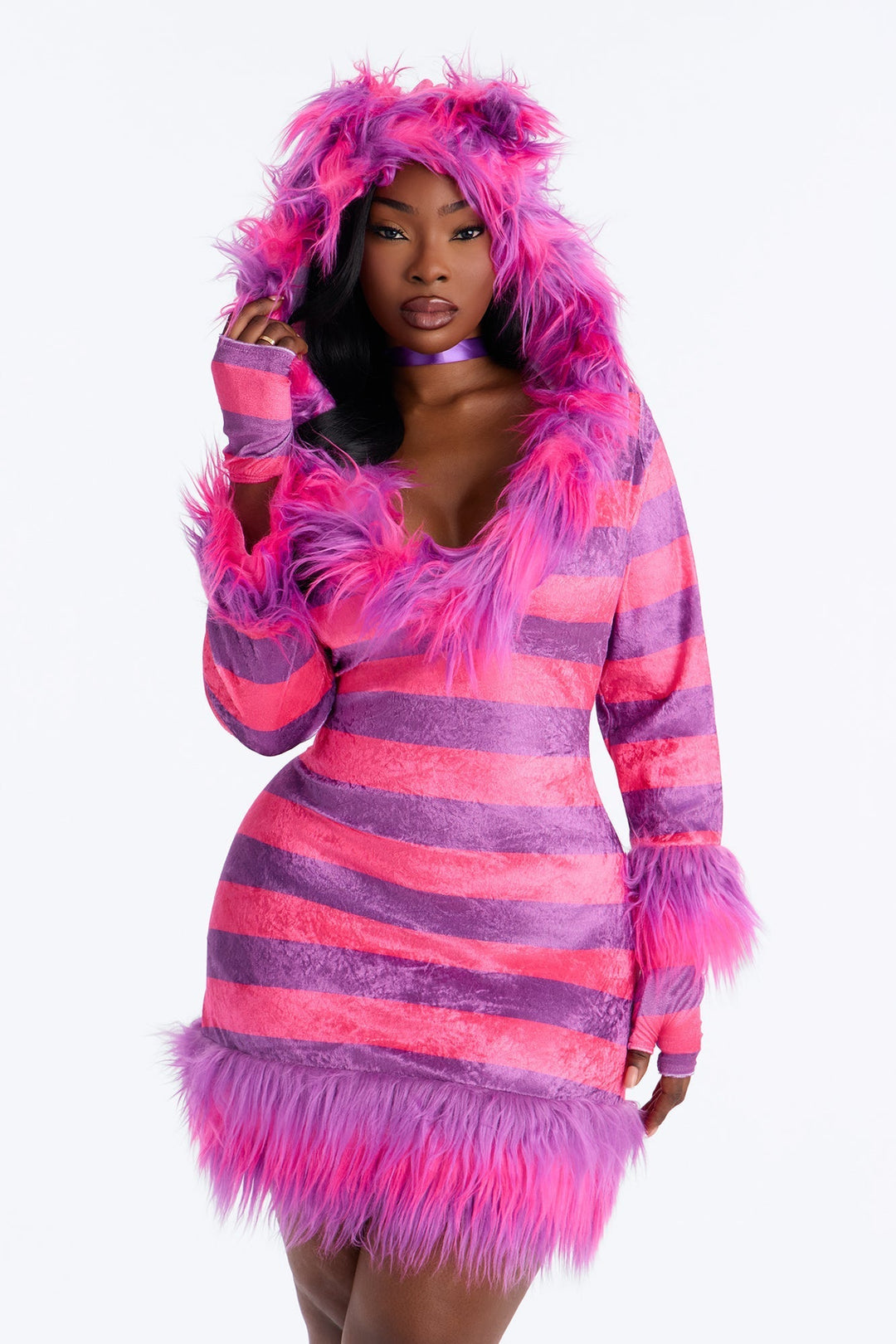 Costume de petit chat rose douillet pour femmes avec capuche, gants et jambières
