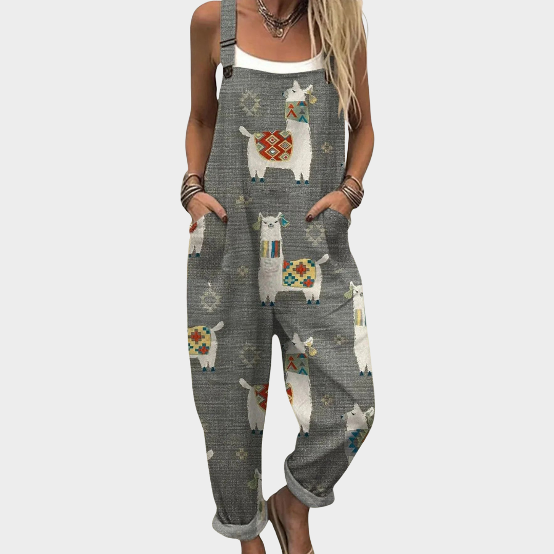 Bekväm grå jumpsuit med konstnärligt mönster för kvinnor