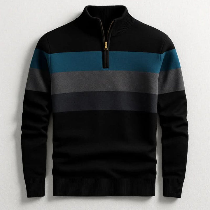 Klassischer Herren-Strickpullover mit Streifen und Viertelreißverschluss