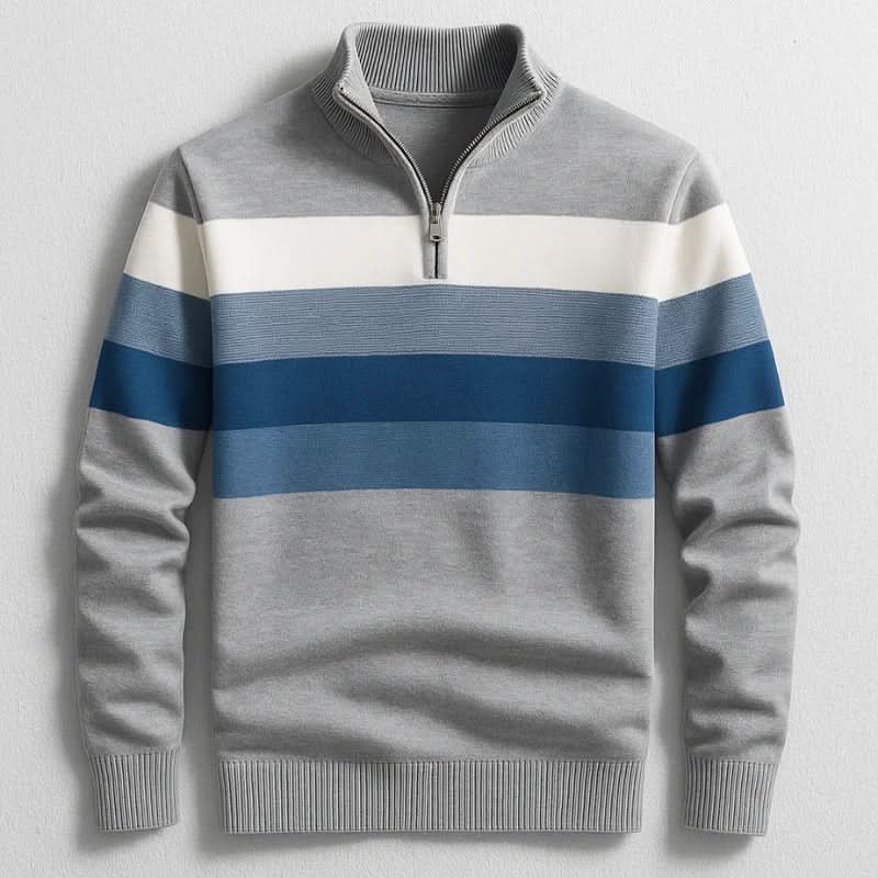 Klassischer Herren-Strickpullover mit Streifen und Viertelreißverschluss