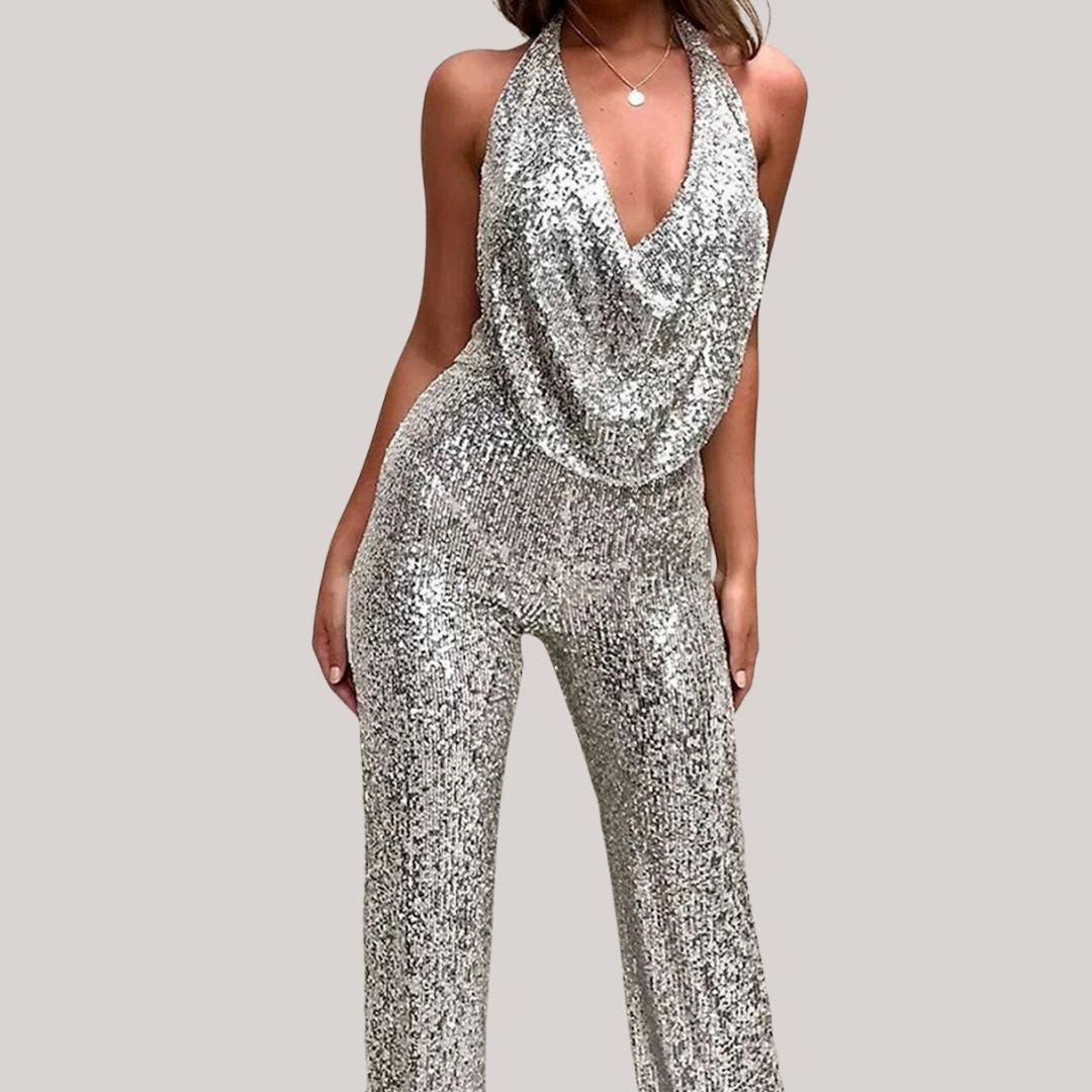 Melody | Women's Sequin Halter Jumpsuit-Metro Lane Plaza