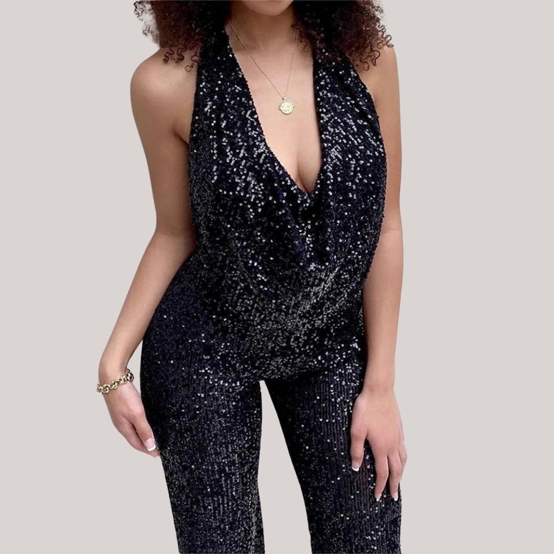 Melody | Women's Sequin Halter Jumpsuit-Metro Lane Plaza