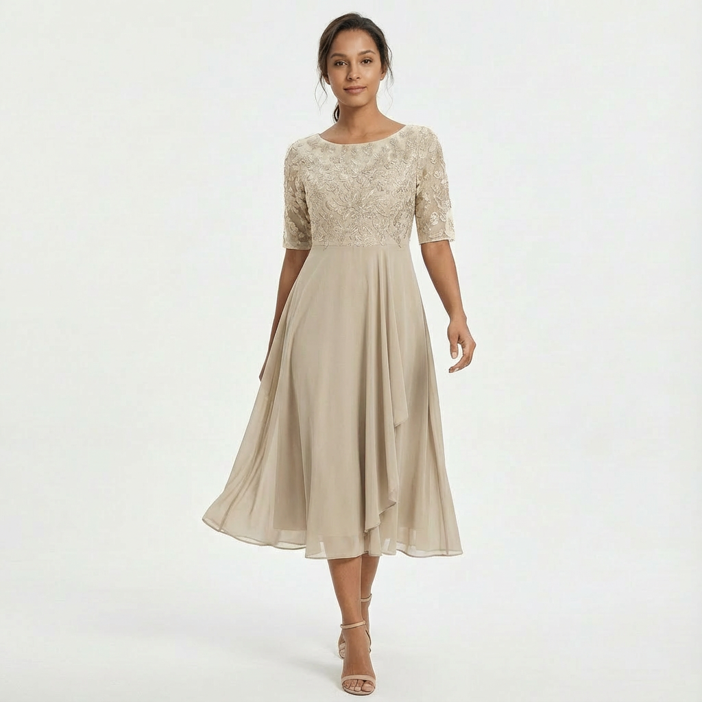 Women's Elegant Lace Midi Dress with Half Sleeves-Metro Lane Plaza