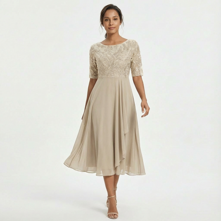 Women's Elegant Lace Midi Dress with Half Sleeves-Metro Lane Plaza