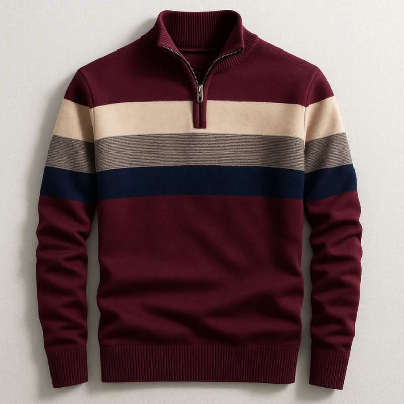 Klassischer Herren-Strickpullover mit Streifen und Viertelreißverschluss