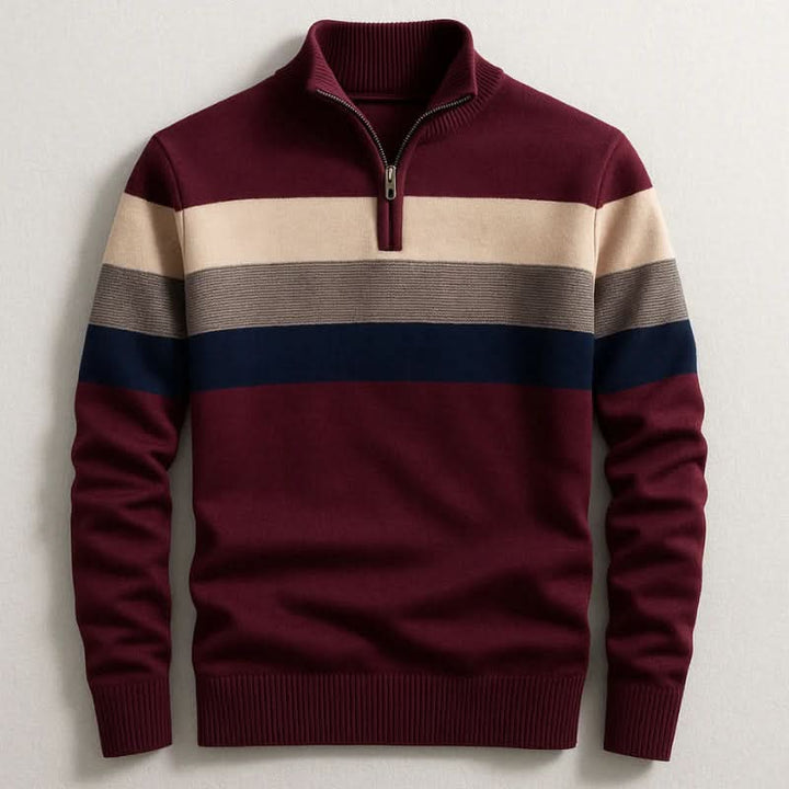 Klassischer Herren-Strickpullover mit Streifen und Viertelreißverschluss