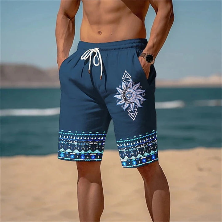 Men's Printed Beach Shorts with Solar Motif