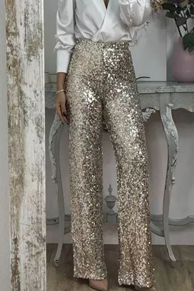 Marinda | Women's Casual Sequined High Waist Pants with Shiny Details-Metro Lane Plaza
