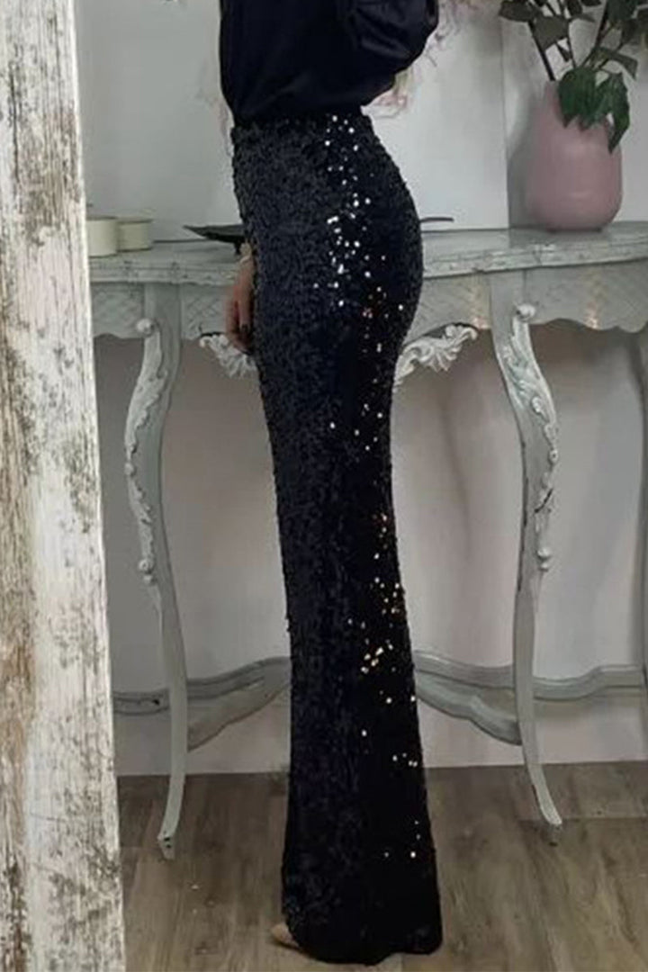 Marinda | Women's Casual Sequined High Waist Pants with Shiny Details-Metro Lane Plaza