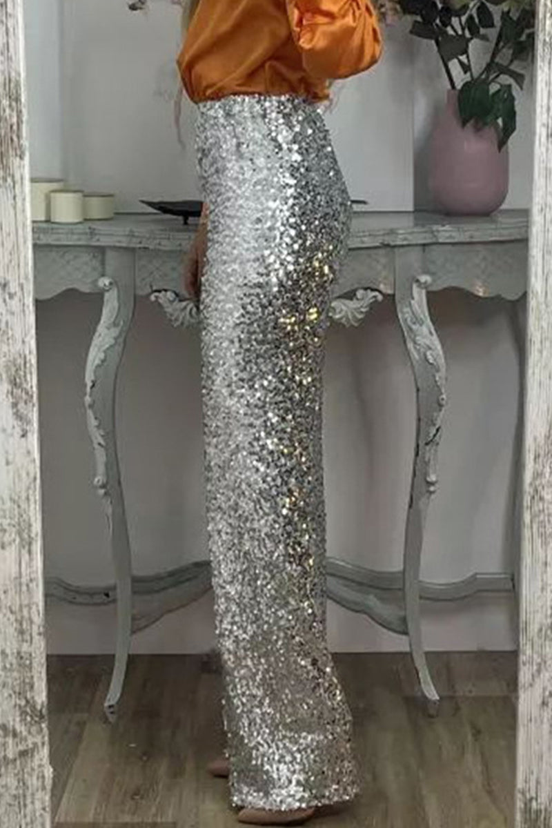 Marinda | Women's Casual Sequined High Waist Pants with Shiny Details-Metro Lane Plaza