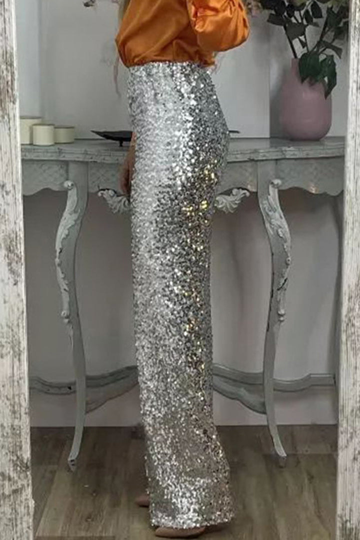 Marinda | Women's Casual Sequined High Waist Pants with Shiny Details-Metro Lane Plaza