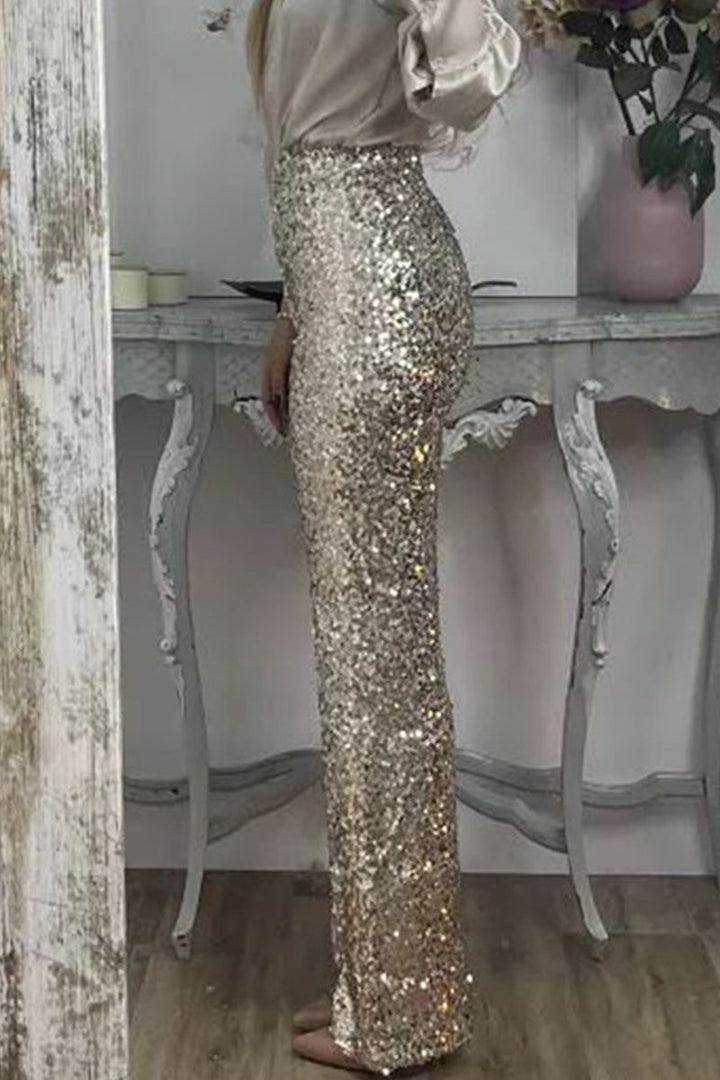 Marinda | Women's Casual Sequined High Waist Pants with Shiny Details-Metro Lane Plaza