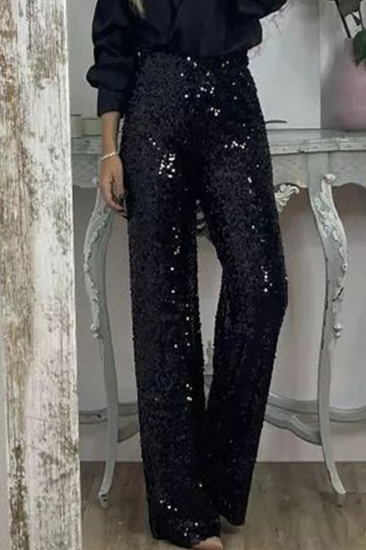 Marinda | Women's Casual Sequined High Waist Pants with Shiny Details-Metro Lane Plaza