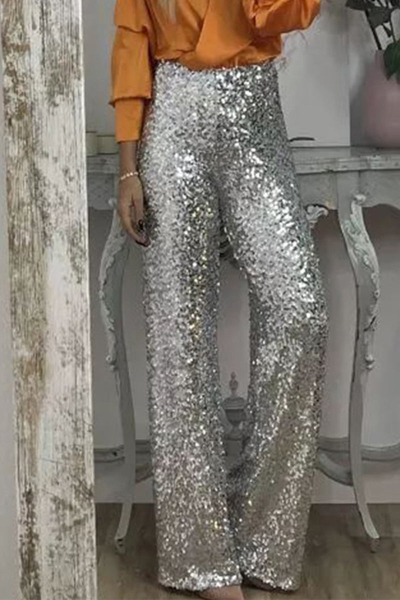 Marinda | Women's Casual Sequined High Waist Pants with Shiny Details-Metro Lane Plaza
