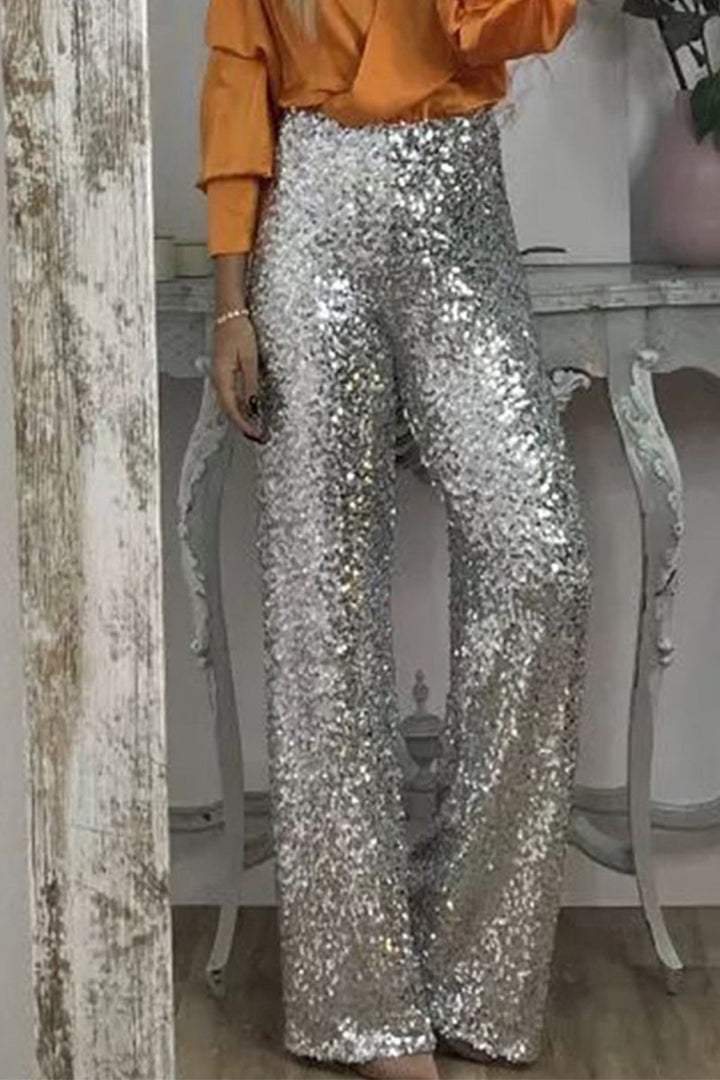 Marinda | Women's Casual Sequined High Waist Pants with Shiny Details-Metro Lane Plaza