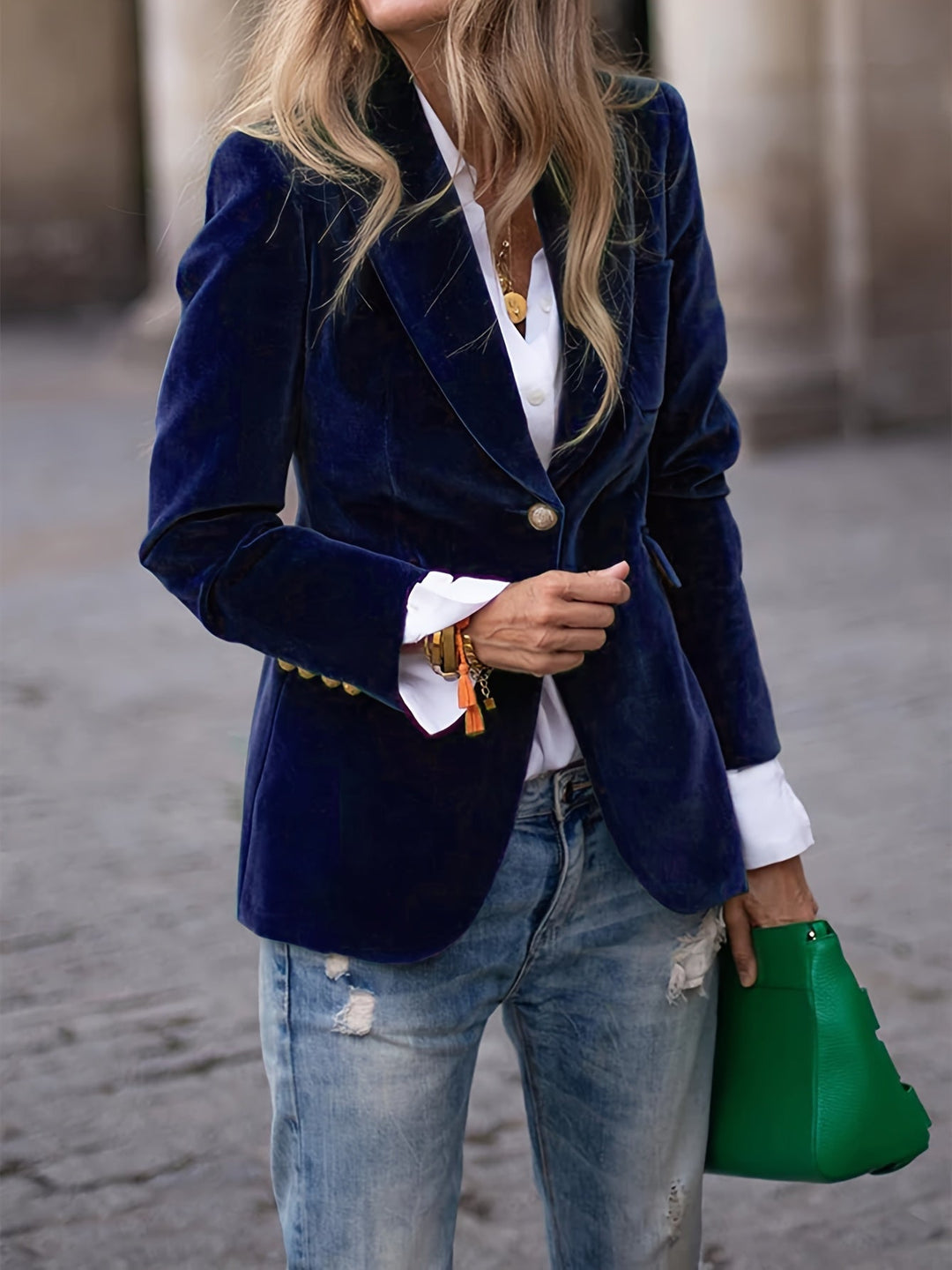 [Women's Velvet Blazer with Gold Buttons and Modern Style]-Metro Lane Plaza
