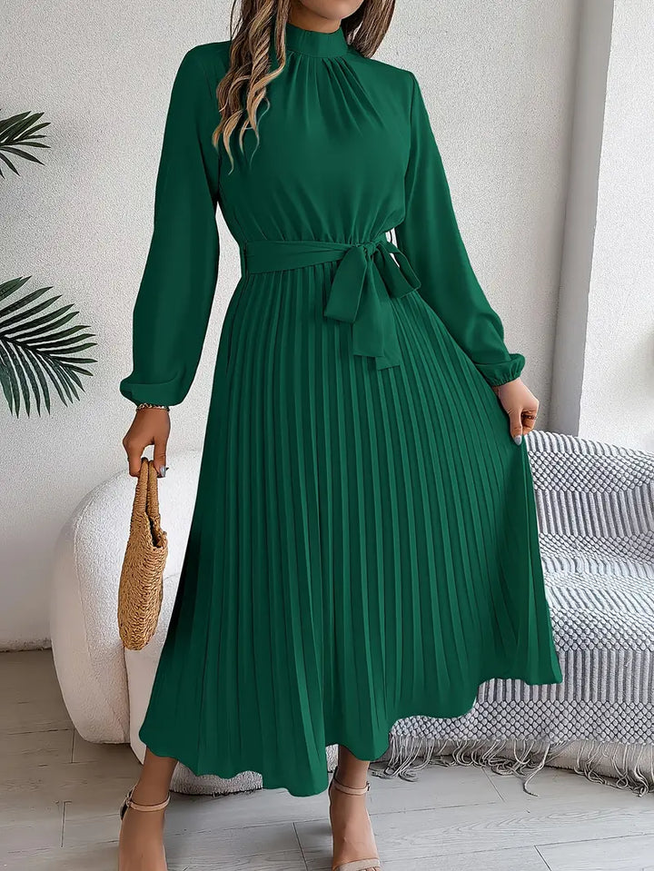 Sophia | Women's Long-Sleeve Pleated Midi Dress with Belted Waist-Metro Lane Plaza