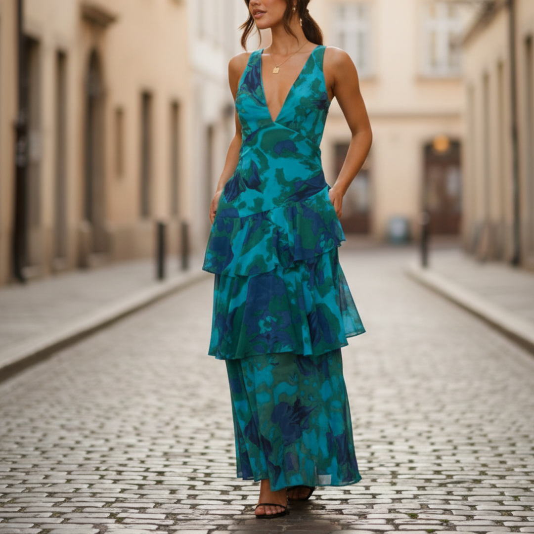 Celina | Women's Maxi Dress, Tiered, V Neck, Sleeveless-Metro Lane Plaza