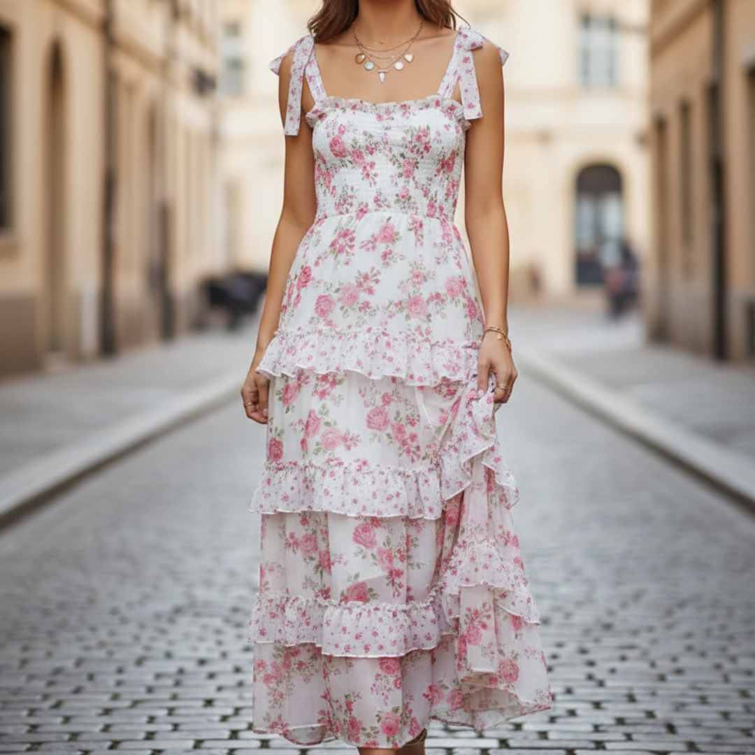 Joanne | Women's Floral Ruffle Strap Maxi Dress-Metro Lane Plaza