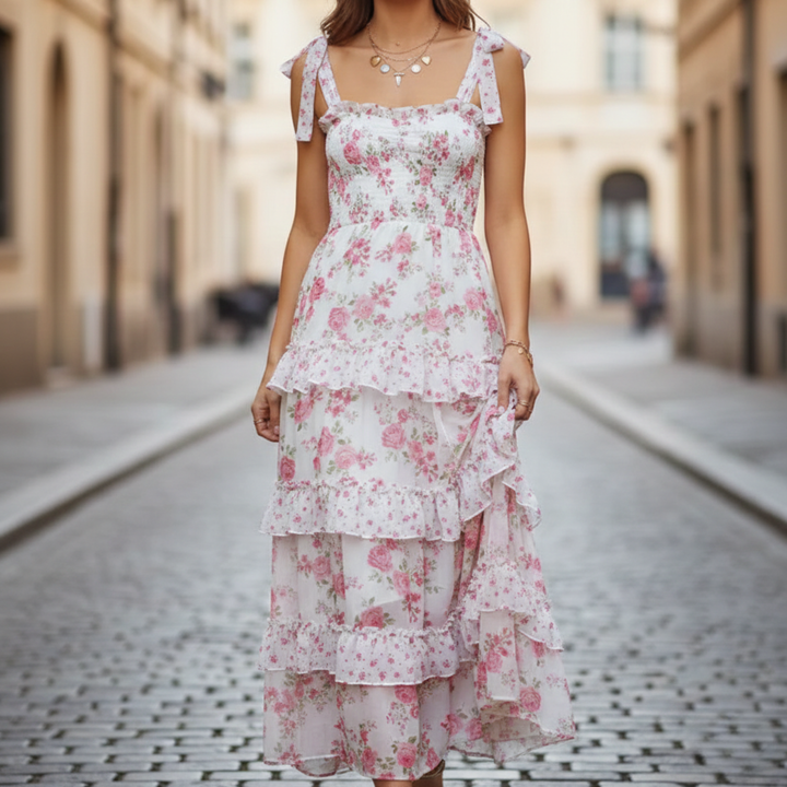Joanne | Women's Floral Ruffle Strap Maxi Dress-Metro Lane Plaza