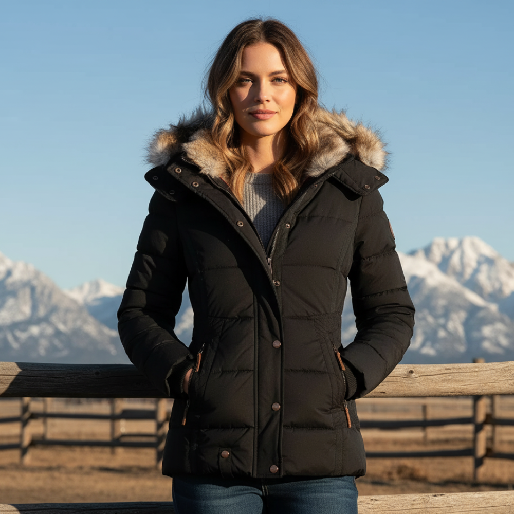 Lina | Women's Quilted Long Winter Coat with Removable Fur Hood-Metro Lane Plaza