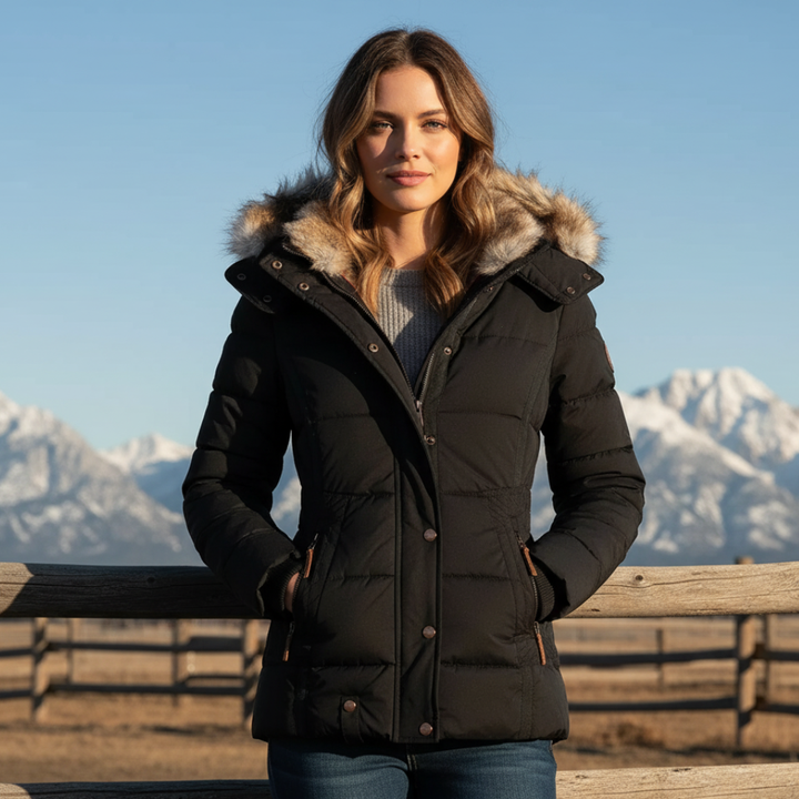 Lina | Women's Quilted Long Winter Coat with Removable Fur Hood-Metro Lane Plaza