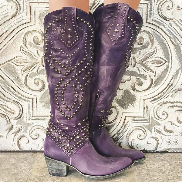 Women's Edgy High Boots – Distressed Faux Leather – Rivet Detail