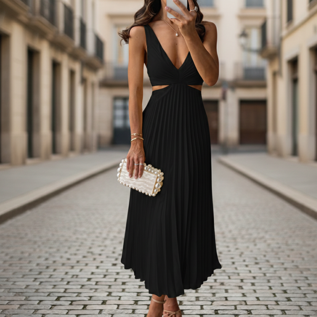 Jennifer | Women's Pleated V Neck Sleeveless Maxi Dress-Metro Lane Plaza