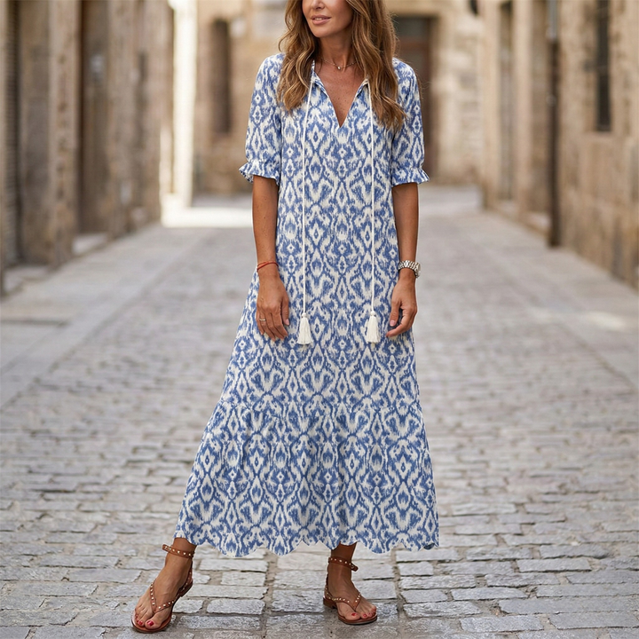 Kelli | Women's Maxi Dress, Printed, V-Neck, Half Sleeve-Metro Lane Plaza