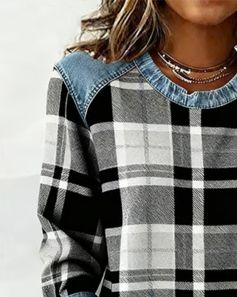 Weiches Damen-Sweatshirt aus Baumwollmischung mit Karomuster und Patchwork