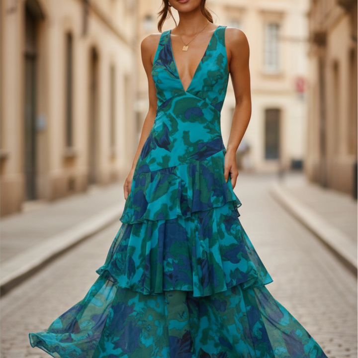 Jill | Women's Floral Print Maxi Dress with Ruffle V-Neck-Metro Lane Plaza