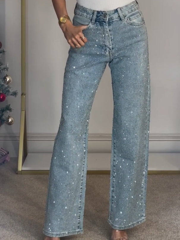 Natalie | Women's Embellished Straight Leg Denim Jeans-Metro Lane Plaza