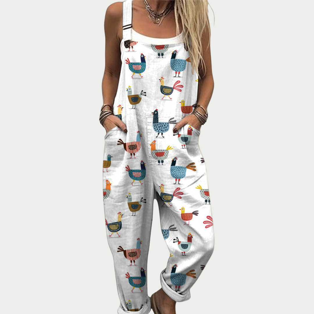 Comfortabele damesjumpsuit met artistieke kippenprint