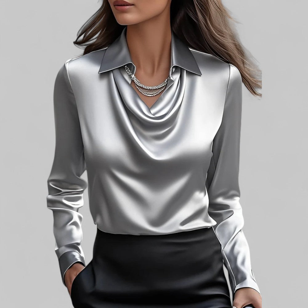 Women's Draped Neck Long Sleeve Satin Blouse-Metro Lane Plaza