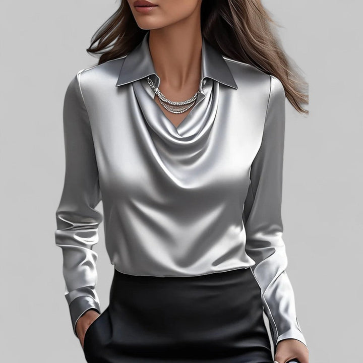 Women's Draped Neck Long Sleeve Satin Blouse-Metro Lane Plaza