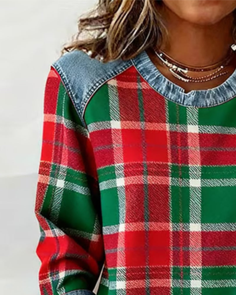 Weiches Damen-Sweatshirt aus Baumwollmischung mit Karomuster und Patchwork