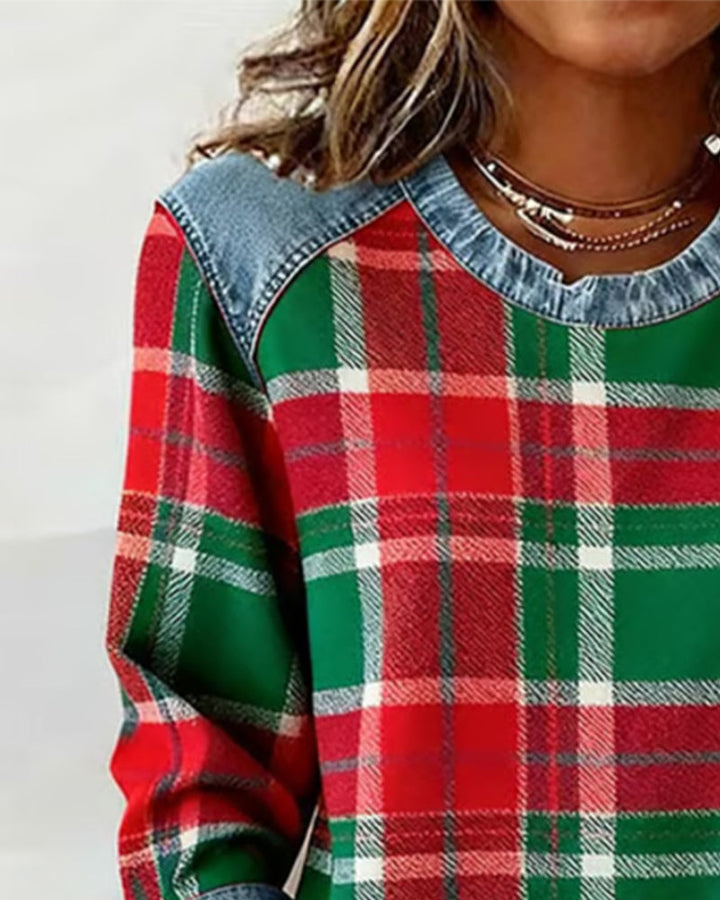 Weiches Damen-Sweatshirt aus Baumwollmischung mit Karomuster und Patchwork