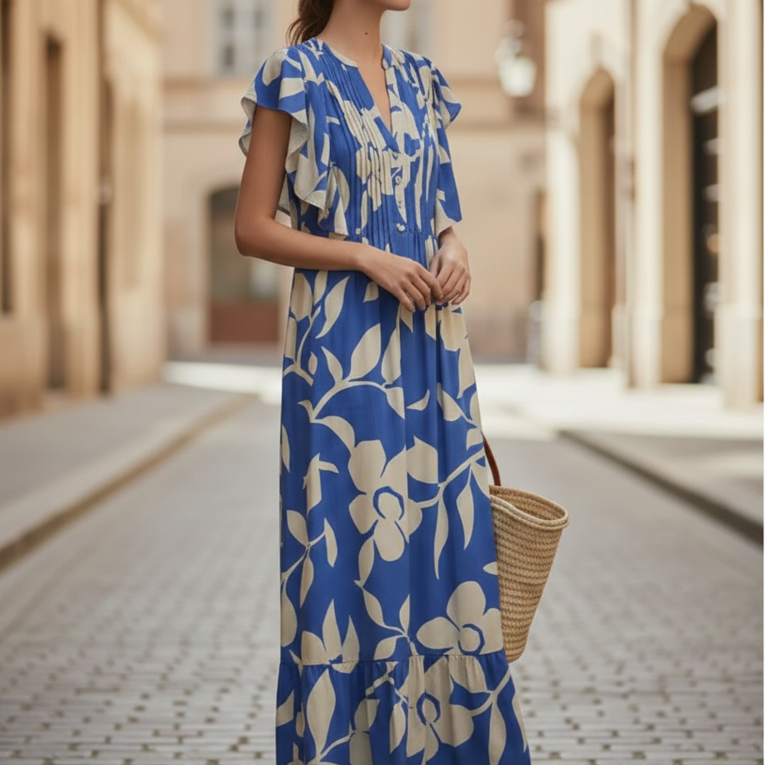 Sheila | Women's Floral Maxi Dress with Ruffle Sleeves-Metro Lane Plaza