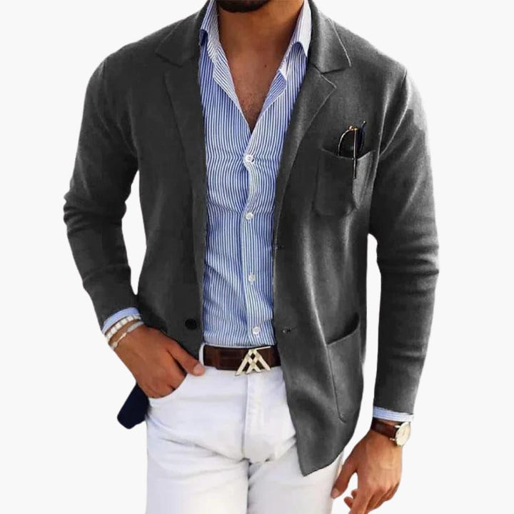 Men's Knit Blazer with Lapel Collar and Button Closure