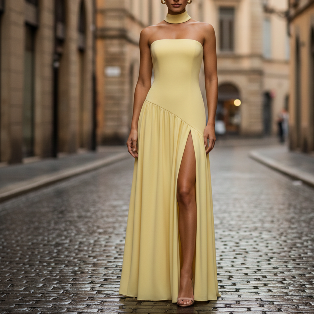 Kristen | Women's Strapless High Slit Maxi Dress - Elegant Evening Wear-Metro Lane Plaza