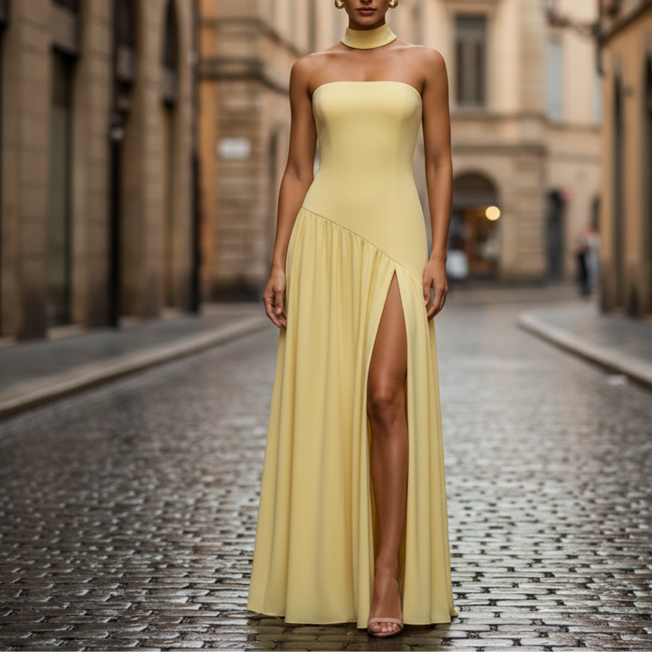 Kristen | Women's Strapless High Slit Maxi Dress - Elegant Evening Wear-Metro Lane Plaza