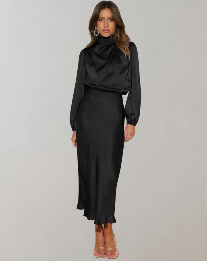 Women's Elegant Long Sleeve Satin Dress-Metro Lane Plaza